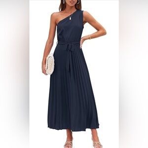 MEROKEETY ONE SHOULDER SLEEVELESS PLEATED MAXI DRESS NAVY SMALL